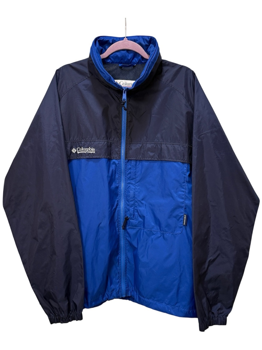 Vtg Columbia Men’s Hooded Rain Windbreaker 2-Toned Packable Full Size